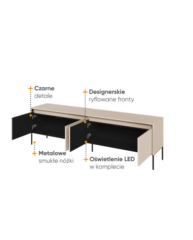 Szafka RTV Trend TR-06, oświetlenie, 4 drzwi, front MDF ryflowany, beż piaskowy/ czarny, LENART Szafka RTV Trend TR-06, oświetlenie, 4 drzwi, front MDF ryflowany, beż piaskowy/ czarny, LENART
