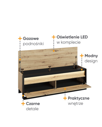 Garderoba Quant QG-04, ławka duża, oświetlenie, miękkie siedzisko, otwierana, dąb artisan/ czarny, LENART Garderoba Quant QG-04, ławka duża, oświetlenie, miękkie siedzisko, otwierana, dąb artisan/ czarny, LENART