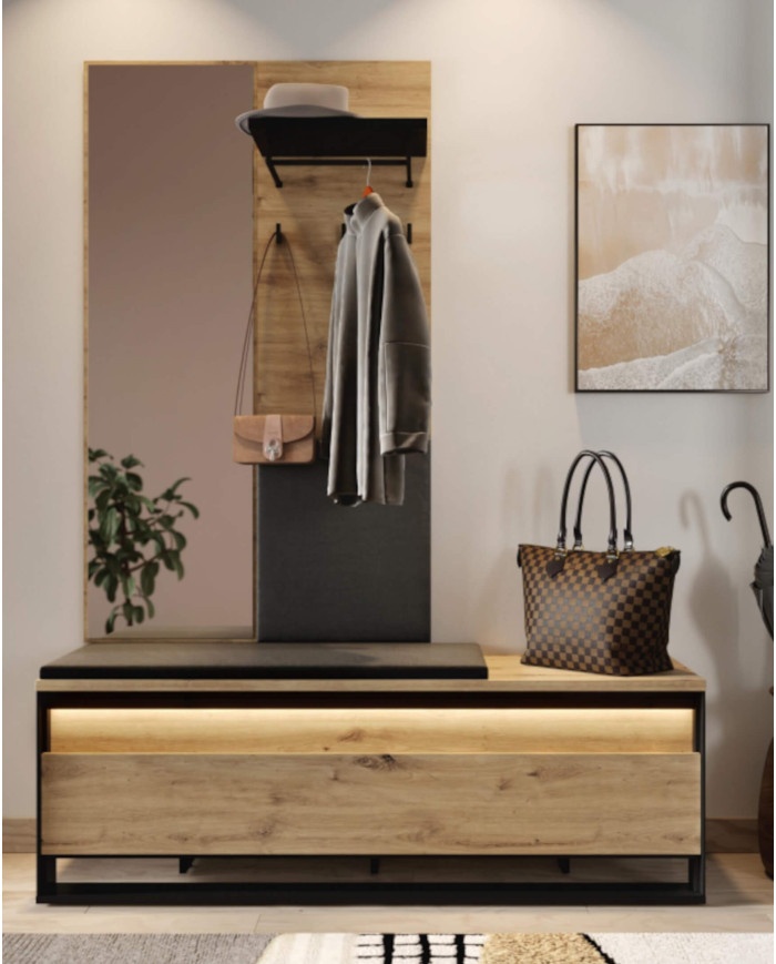 Garderoba Quant QG-04, ławka duża, oświetlenie, miękkie siedzisko, otwierana, dąb artisan/ czarny, LENART