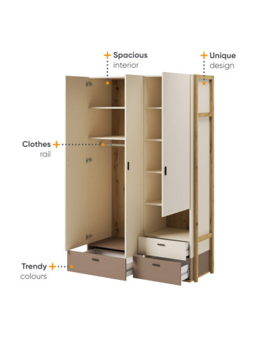Szafa Lenny LY-01, trzydrzwiowa, półki, drążek, szuflady, wnęka, dąb artisan/ beżowy/ truflowy, LENART Szafa Lenny LY-01, trzydrzwiowa, półki, drążek, szuflady, wnęka, dąb artisan/ beżowy/ truflowy, LENART