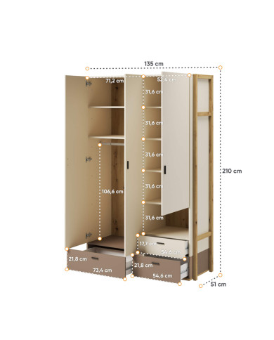 Szafa Lenny LY-01, trzydrzwiowa, półki, drążek, szuflady, wnęka, dąb artisan/ beżowy/ truflowy, LENART Szafa Lenny LY-01, trzydrzwiowa, półki, drążek, szuflady, wnęka, dąb artisan/ beżowy/ truflowy, LENART