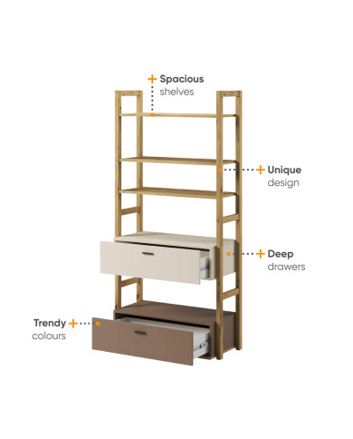 Regał Lenny LY-02 szeroki, półki, szuflady, dąb artisan/ beżowy/ truflowy, LENART Regał Lenny LY-02 szeroki, półki, szuflady, dąb artisan/ beżowy/ truflowy, LENART