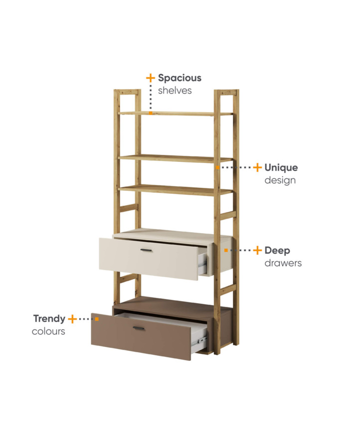 Regał Lenny LY-02 szeroki, półki, szuflady, dąb artisan/ beżowy/ truflowy, LENART