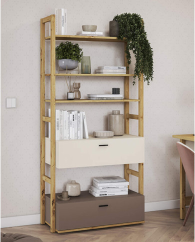 Regał Lenny LY-02 szeroki, półki, szuflady, dąb artisan/ beżowy/ truflowy, LENART Regał Lenny LY-02 szeroki, półki, szuflady, dąb artisan/ beżowy/ truflowy, LENART