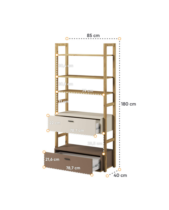 Regał Lenny LY-02 szeroki, półki, szuflady, dąb artisan/ beżowy/ truflowy, LENART