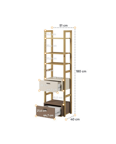 Regał Lenny LY-03 wąski, półki, szuflady, dąb artisan/ beżowy/ truflowy, LENART Regał Lenny LY-03 wąski, półki, szuflady, dąb artisan/ beżowy/ truflowy, LENART