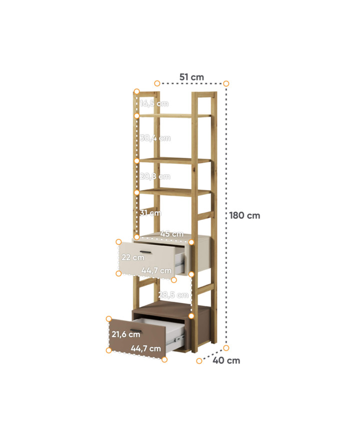 Regał Lenny LY-03 wąski, półki, szuflady, dąb artisan/ beżowy/ truflowy, LENART