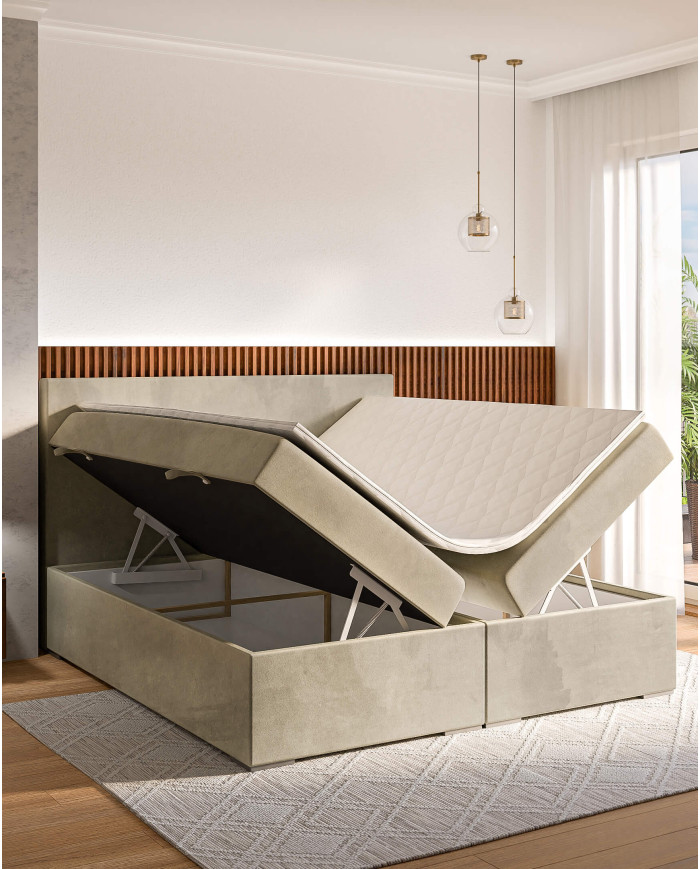 Łóżko kontynentalne Lemo 140x200 cm, tapicerowane, materac, pojemnik, topper, LAVERTO