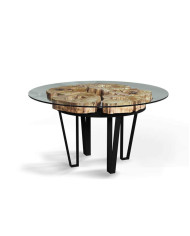 Stół okrągły Oliwka Ø 150, metalowe nogi, hartowane szkło, drewno oliwne, 150/82/150 cm, REMORSE