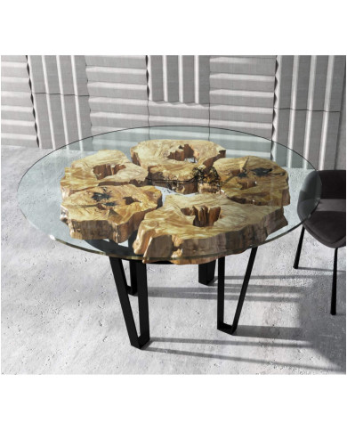 Stół okrągły Oliwka Ø 150, metalowe nogi, hartowane szkło, drewno oliwne, 150/82/150 cm, REMORSE