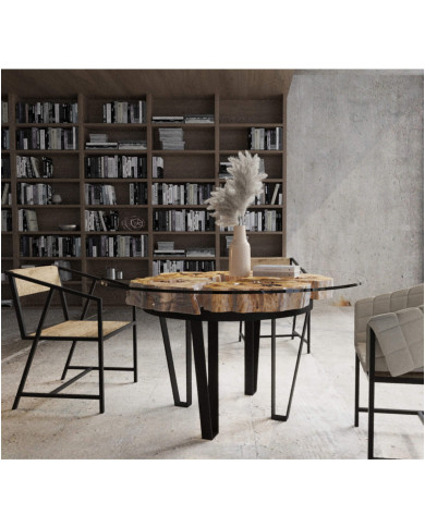 Stół okrągły Oliwka Ø 150, metalowe nogi, hartowane szkło, drewno oliwne, 150/82/150 cm, REMORSE