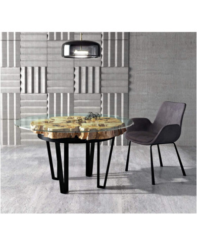 Stół okrągły Oliwka Ø 150, metalowe nogi, hartowane szkło, drewno oliwne, 150/82/150 cm, REMORSE