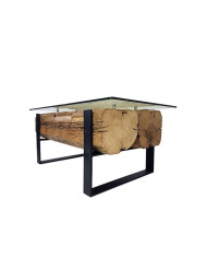 Stolik kawowy Hutu, prostokątny, metalowe nogi, hartowane szkło, drewno rozbiórkowe, REMORSE