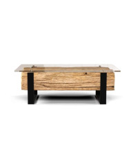 Stolik kawowy Hutu, prostokątny, metalowe nogi, hartowane szkło, drewno rozbiórkowe, REMORSE