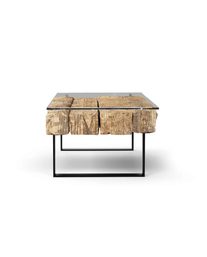 Stolik kawowy Asmara 70, prostokątny, metalowe nogi, hartowane szkło, drewno lite, rozbiórkowe, REMORSE