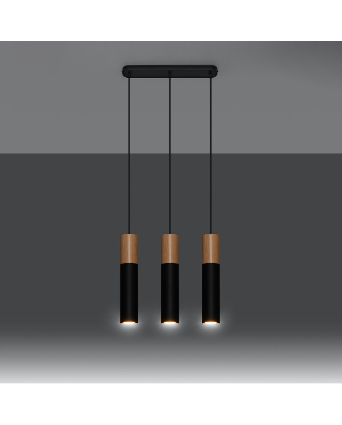 Lampa wisząca Pablo, naturalne drewno, czarny, 3 punkty świetlne, Sollux
