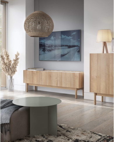 Komoda Boho K144/83, trzydrzwiowa, Dąb riviera/ Marmur bianco, PIASKI