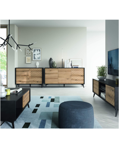 Komoda Diamond K154, trzydrzwiowa, Dąb evoke/ Czarny, PIASKI