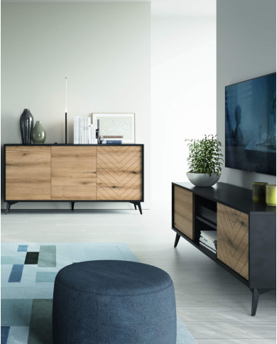 Stolik kawowy, ława Diamond L140, półka, szuflada, Dąb evoke/ Czarny, PIASKI