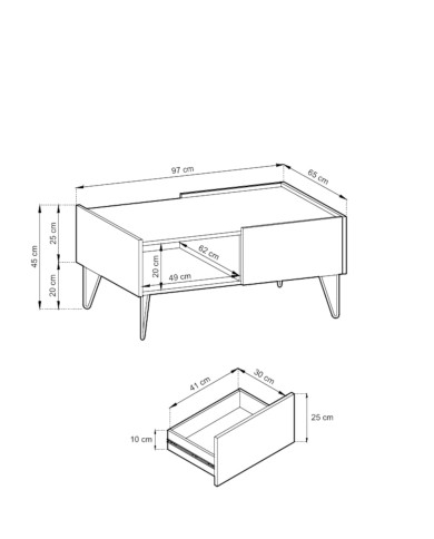 Stolik kawowy, ława Harmony L97, półka, szuflada, Czarny grafit/ Marmur black royal, PIASKI