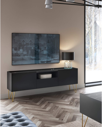 Stolik kawowy, ława Harmony L97, półka, szuflada, Czarny grafit/ Marmur black royal, PIASKI