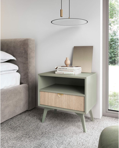 Szafka nocna Forest S54, szuflada, wnęka, Eukaliptus/ Jodełka skandi, PIASKI