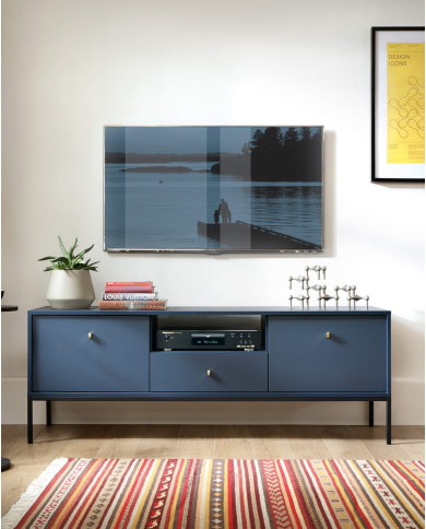 Stolik kawowy, ława Mono ML104, półka, szuflada, Granatowy/ Czarna rama, PIASKI