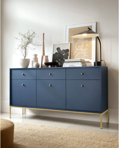 Stolik kawowy, ława Mono ML104, półka, szuflada, Granatowy/ Złota rama, PIASKI