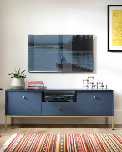 Stolik kawowy, ława Mono ML104, półka, szuflada, Granatowy/ Złota rama, PIASKI