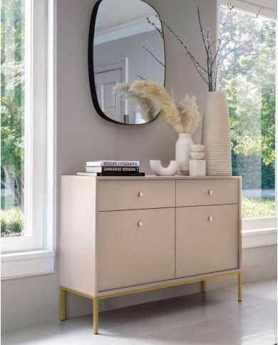 Stolik kawowy, ława Mono ML104, półka, szuflada, Beż piaskowy/ Złota rama, PIASKI