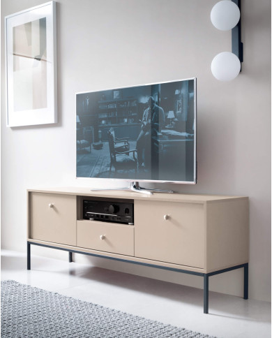 Szafka nocna Mono MS54, szuflada, wnęka, Beż piaskowy/ Czarna rama, PIASKI