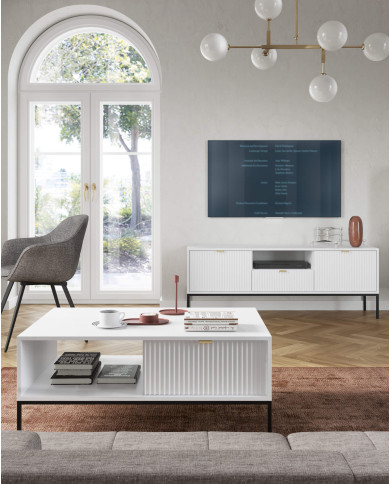 Stolik kawowy, ława Nova L104, półka, szuflada, Biały/ Czarna rama, PIASKI