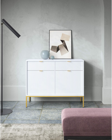 Stolik kawowy, ława Nova L104, półka, szuflada, Biały/ Złota rama, PIASKI