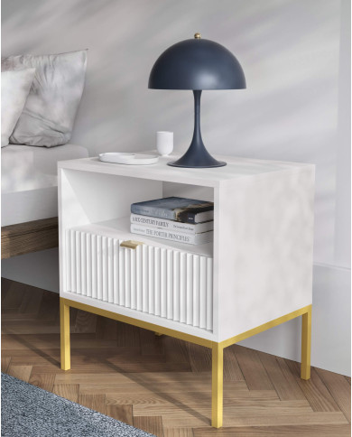 Stolik kawowy, ława Nova L104, półka, szuflada, Biały/ Złota rama, PIASKI