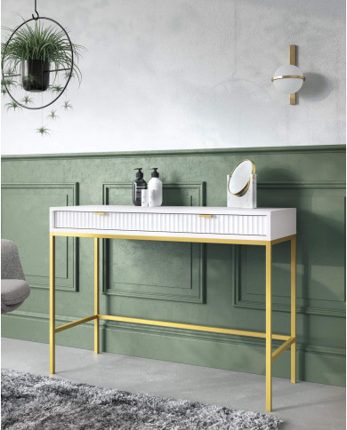 Stolik kawowy, ława Nova L104, półka, szuflada, Biały/ Złota rama, PIASKI