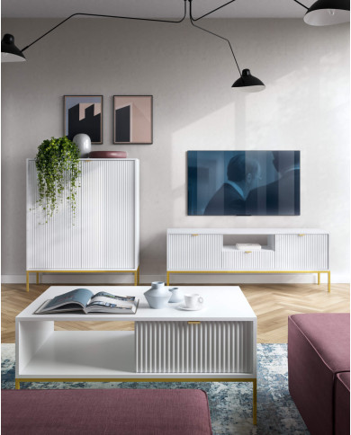 Stolik kawowy, ława Nova L104, półka, szuflada, Biały/ Złota rama, PIASKI