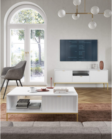 Stolik kawowy, ława Nova L104, półka, szuflada, Biały/ Złota rama, PIASKI