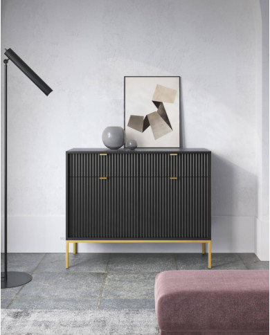 Stolik kawowy, ława Nova L104, półka, szuflada, Czarny/ Złota rama, PIASKI