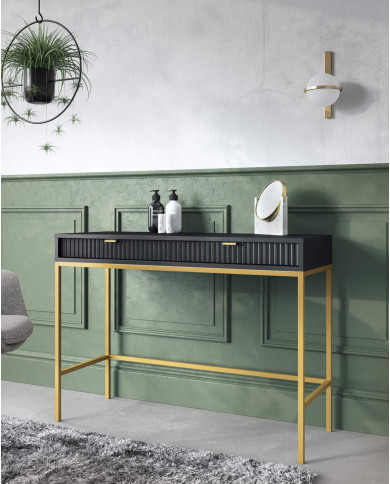 Stolik kawowy, ława Nova L104, półka, szuflada, Czarny/ Złota rama, PIASKI