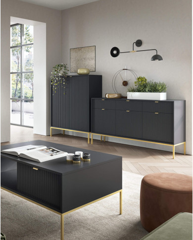 Stolik kawowy, ława Nova L104, półka, szuflada, Czarny/ Złota rama, PIASKI