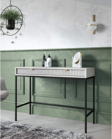 Stolik kawowy, ława Nova L104, półka, szuflada, Szary/ Czarna rama, PIASKI