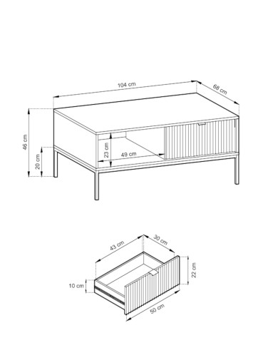 Stolik kawowy, ława Nova L104, półka, szuflada, Szary/ Złota rama, PIASKI