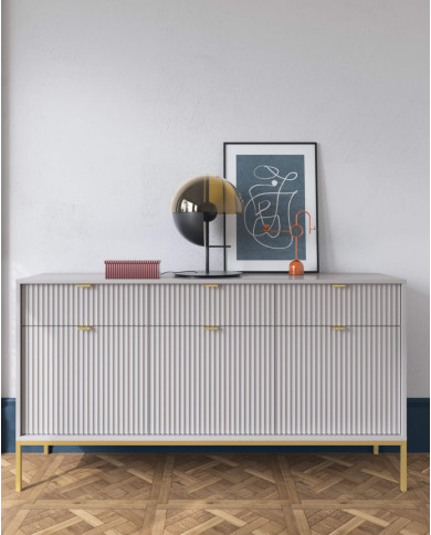 Stolik kawowy, ława Nova L104, półka, szuflada, Szary/ Złota rama, PIASKI