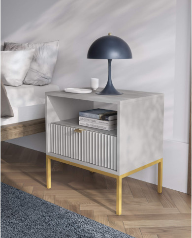 Stolik kawowy, ława Nova L104, półka, szuflada, Szary/ Złota rama, PIASKI