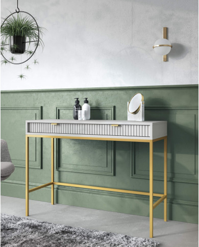 Stolik kawowy, ława Nova L104, półka, szuflada, Szary/ Złota rama, PIASKI