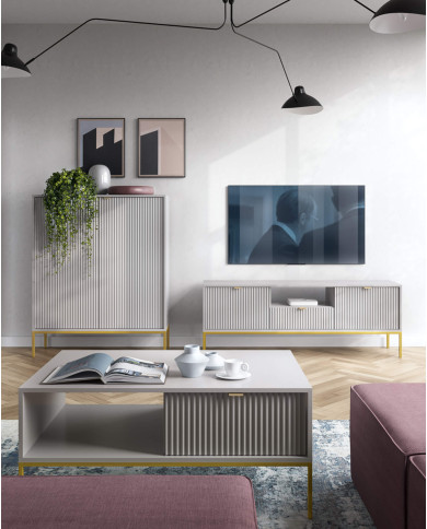 Stolik kawowy, ława Nova L104, półka, szuflada, Szary/ Złota rama, PIASKI