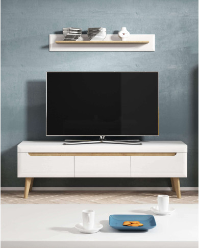 Stolik kawowy, ława Nordi NL107, półka, szuflady, Biały/ Dąb riviera, PIASKI