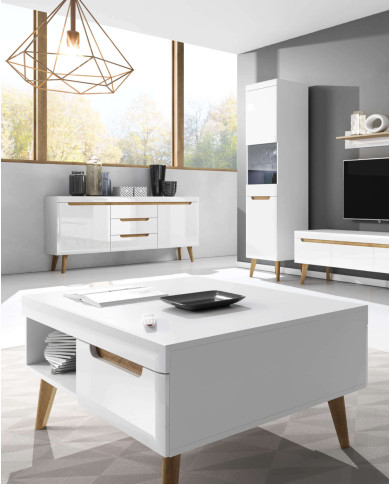 Stolik kawowy, ława Nordi NL107, półka, szuflady, Biały/ Dąb riviera, PIASKI