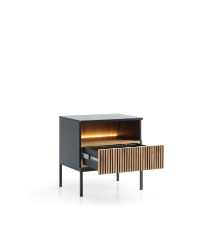 Szafka nocna Sento S54, szuflada, wnęka, oświetlenie, Czarna/ Dąb wotan, PIASKI Szafka nocna Sento S54, szuflada, wnęka, oświetlenie, Czarna/ Dąb wotan, PIASKI