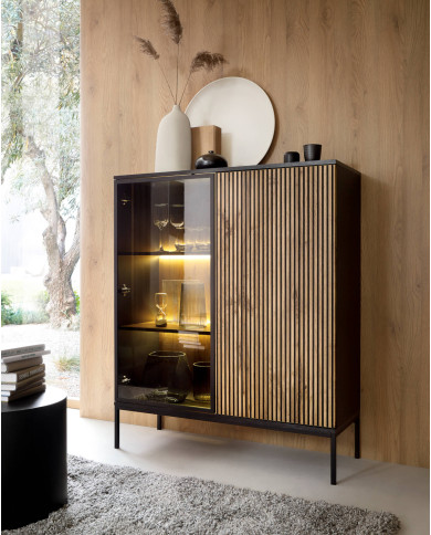 Szafka nocna Sento S54, szuflada, wnęka, oświetlenie, Czarna/ Dąb wotan, PIASKI Szafka nocna Sento S54, szuflada, wnęka, oświetlenie, Czarna/ Dąb wotan, PIASKI